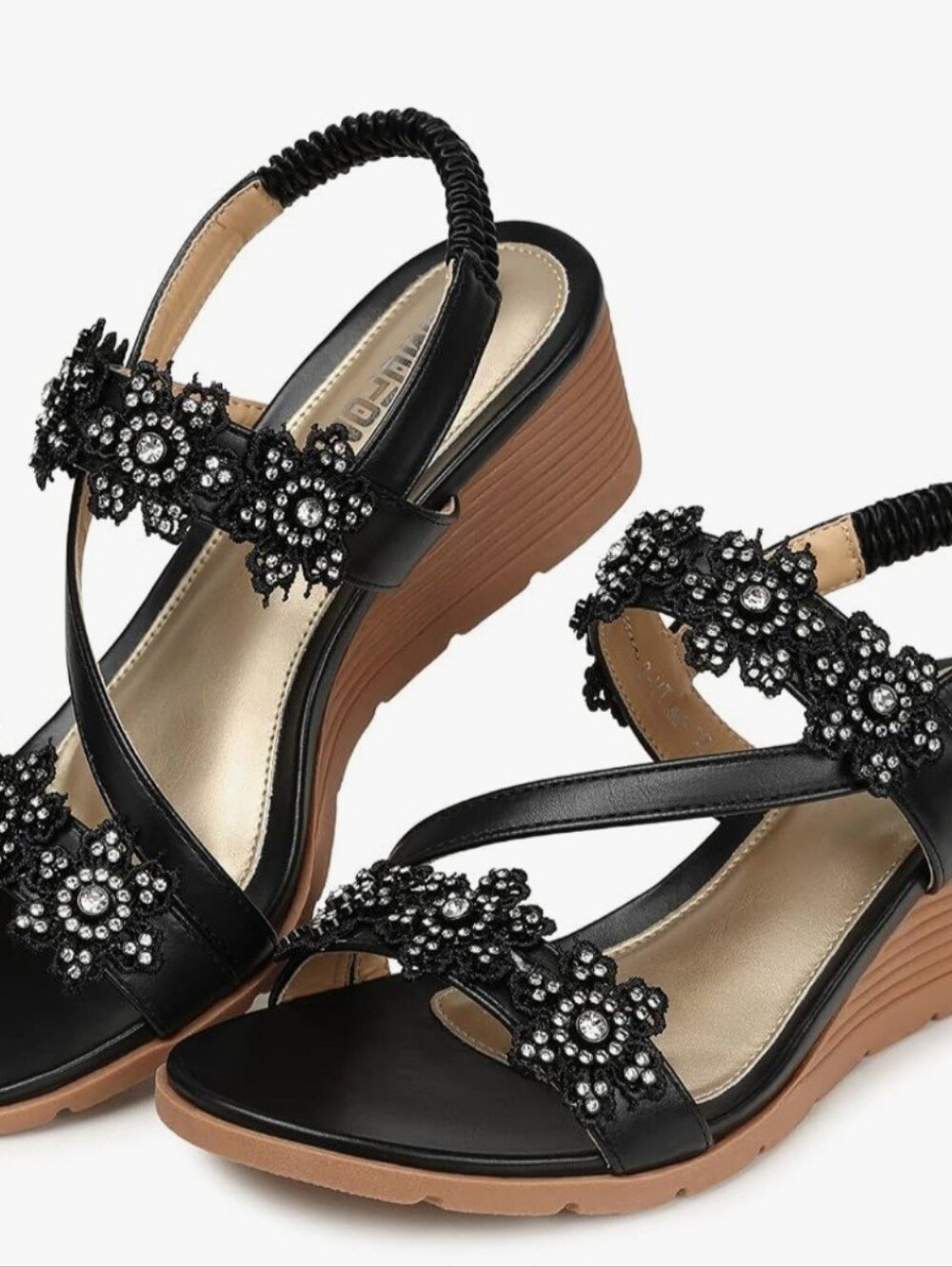 Black Embellished Floral Wedge Sandals for Women